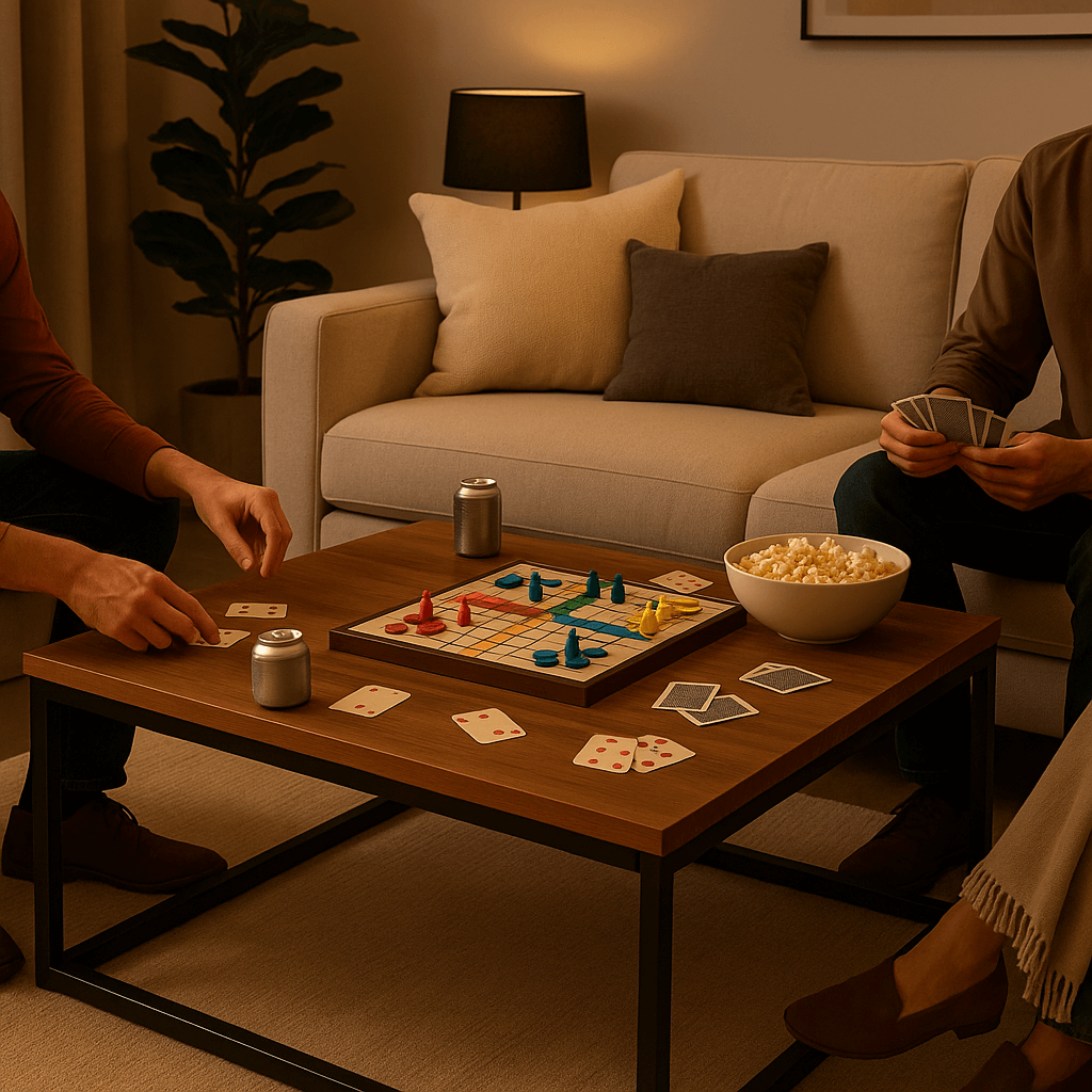 Two people playing a board game and cards on a walnut coffee table with black metal frame, cozy living space.