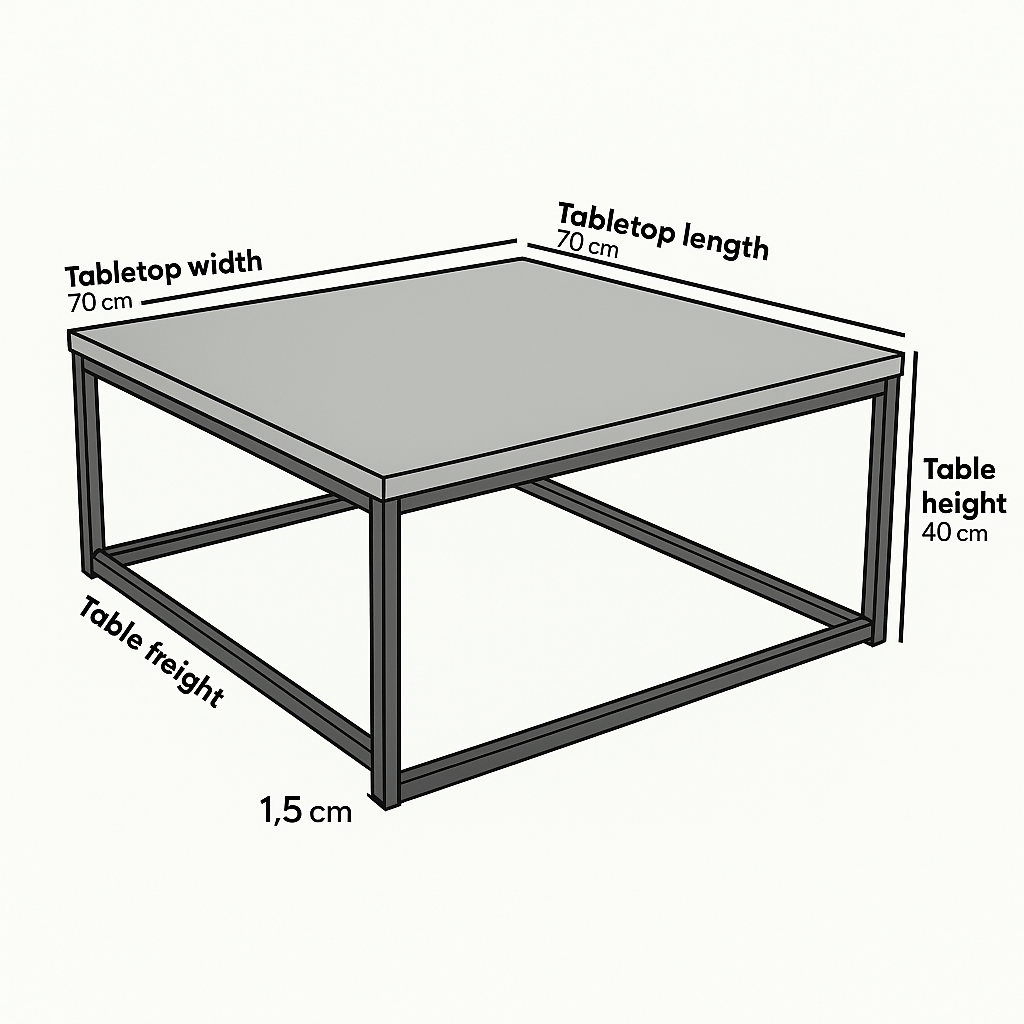 Dimensions of a walnut coffee table black metal frame showing width, length, height, and thickness.
