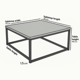 Dimensions of a walnut coffee table black metal frame showing width, length, height, and thickness.