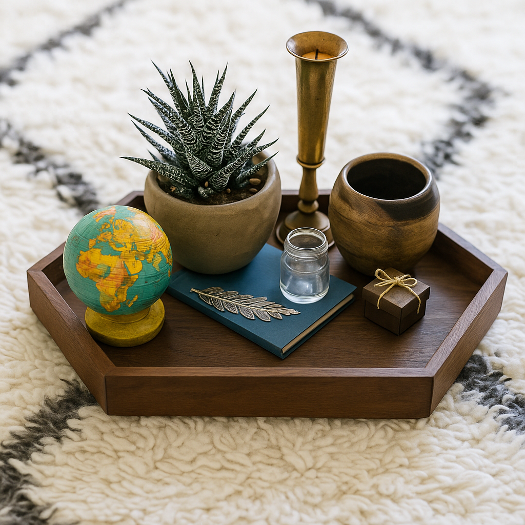 Hexagonal Walnut & Brown Mixed Shade Wooden Tray