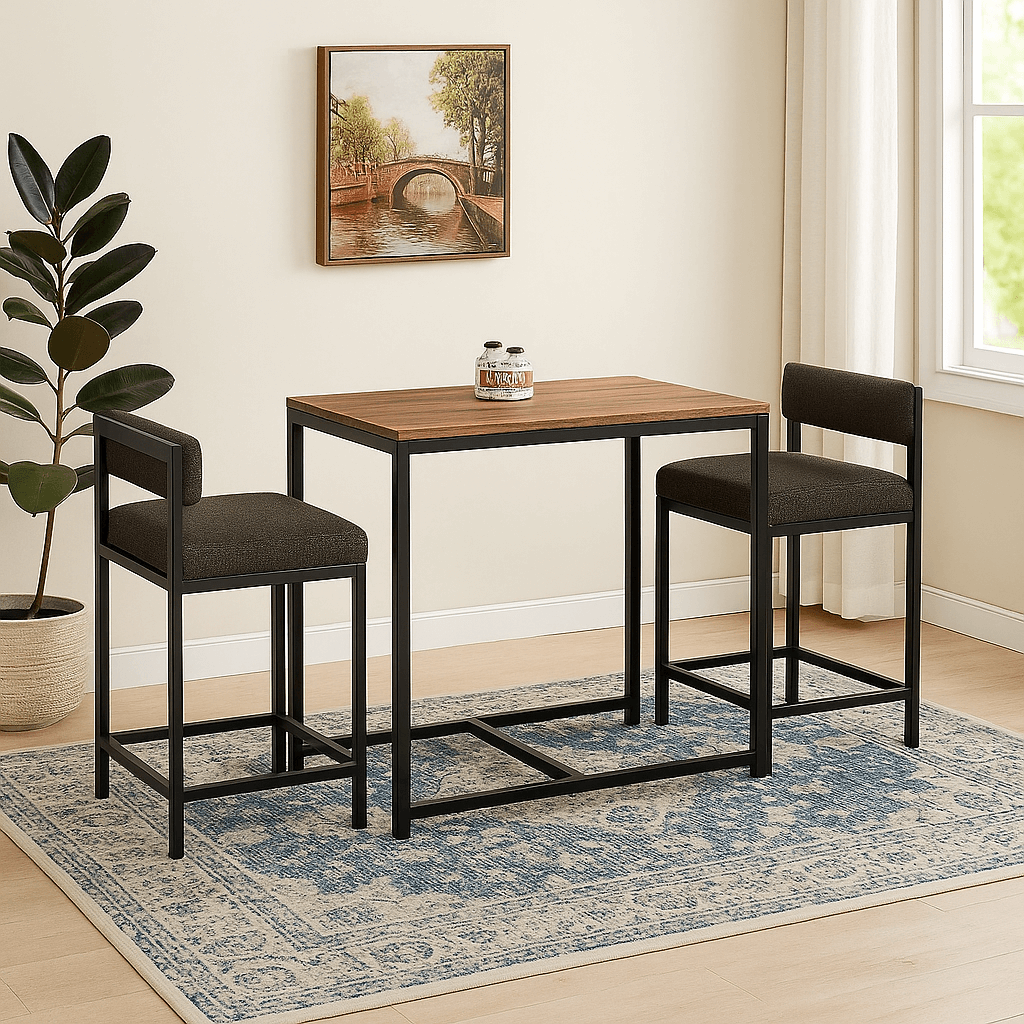 Wood and Metal 2 seater dining table with two chairs in a cozy room setting.