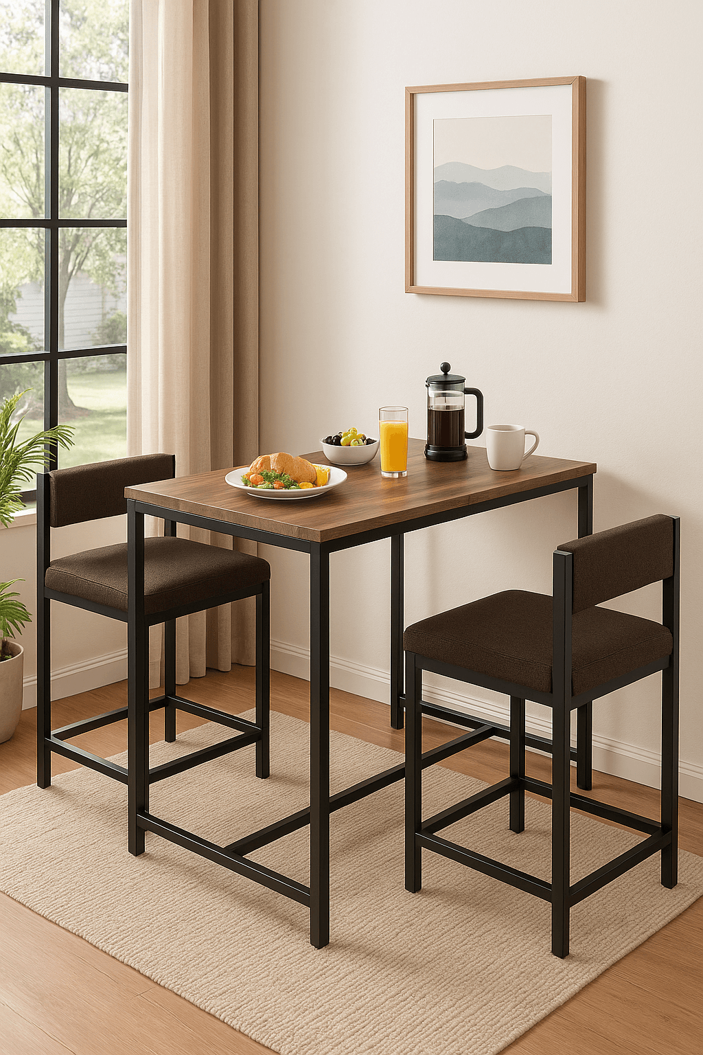 Wood and Metal 2 Seater Dining Table elegant design with two chairs and breakfast setup in a modern dining area.