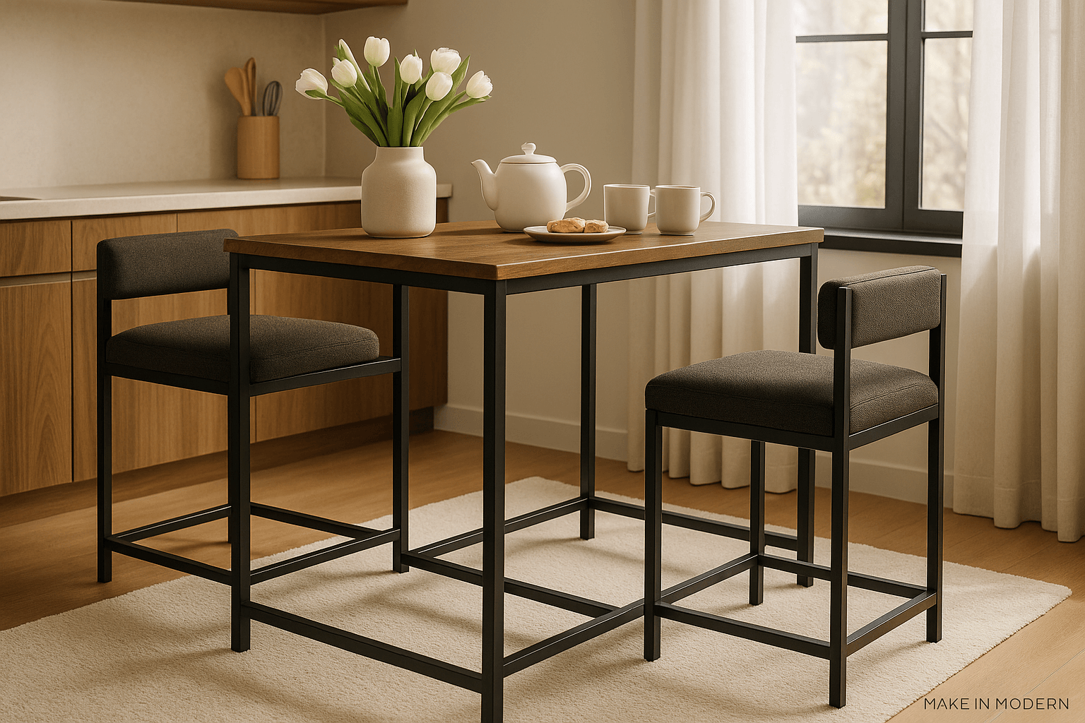 Wood and Metal 2 seater dining table with chairs and a vase of tulips, perfect for modern dining spaces.