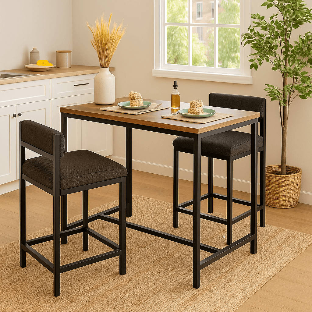 Wood and Metal 2 Seater Dining Table with chairs, perfect for small spaces, showcasing modern furniture design.