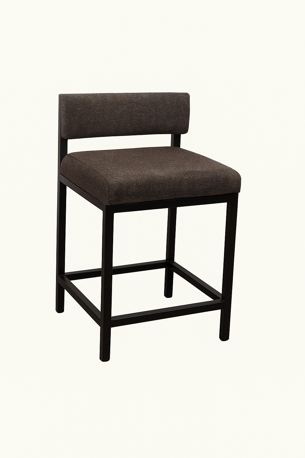 Stylish brown upholstered bar stool with a black metal frame, perfect for modern dining spaces.