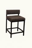 Stylish brown upholstered bar stool with a black metal frame, perfect for modern dining spaces.