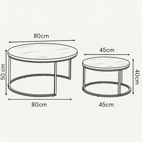 Dimensions of walnut wood coffee table set: large table 80cm x 50cm, small table 45cm x 40cm.