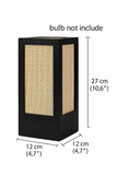 Wooden bedside table lamp with natural jute shade, square modern design, dimensions 27cm x 12cm.