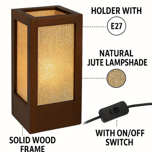 Wooden bedside table lamp with natural jute shade, solid wood frame, E27 holder, and on/off switch.