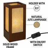 Wooden bedside table lamp with natural jute shade, solid wood frame, E27 holder, and on/off switch.