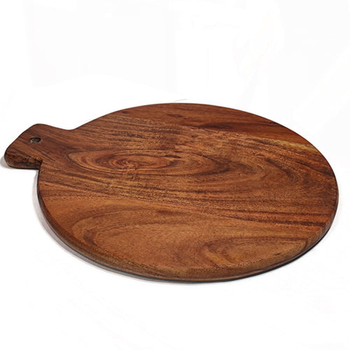 Acacia wood cutting serving board for kitchen, round shape, 14x12 inches with handle, sturdy and durable chopping board for kitchen.