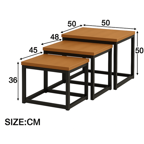 Solid wood walnut nest of 3 tables side table size dimensions with a large, medium, and small table.