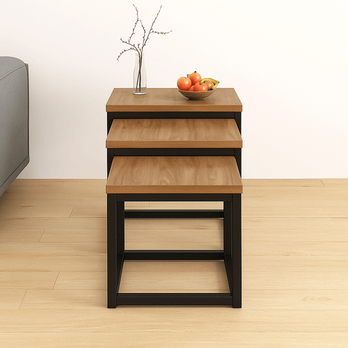 Solid wood walnut nest of 3 tables end tables side table with decorative vase and bowl of fruit.
