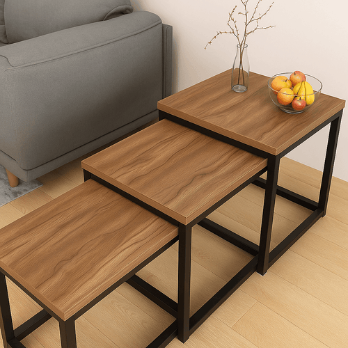Solid wood walnut nest of 3 tables side table with a fruit bowl, perfect for modern living room decor.