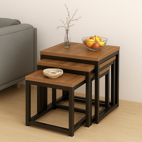 Solid wood walnut nest of 3 tables, stylish side table set with modern design and practical functionality.