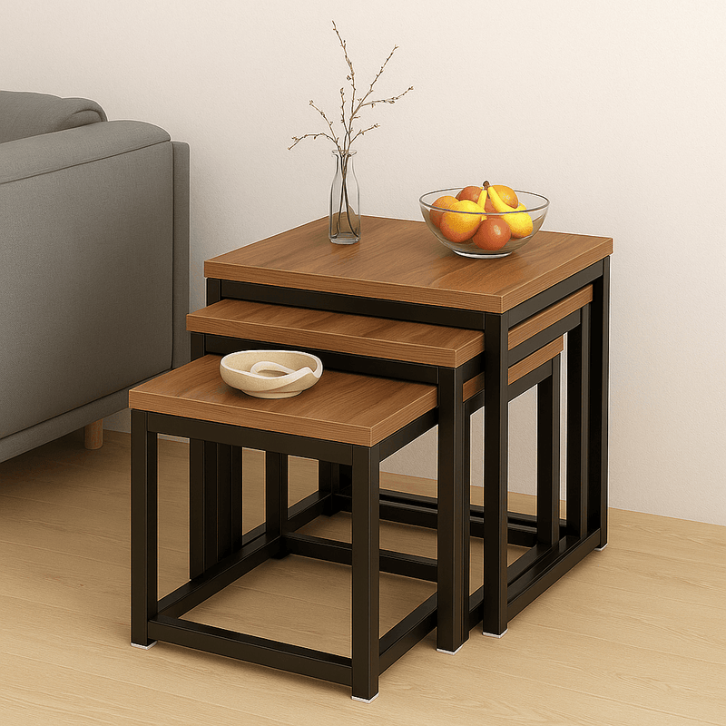 Solid wood walnut nest of 3 tables, stylish side table set with modern design and practical functionality.
