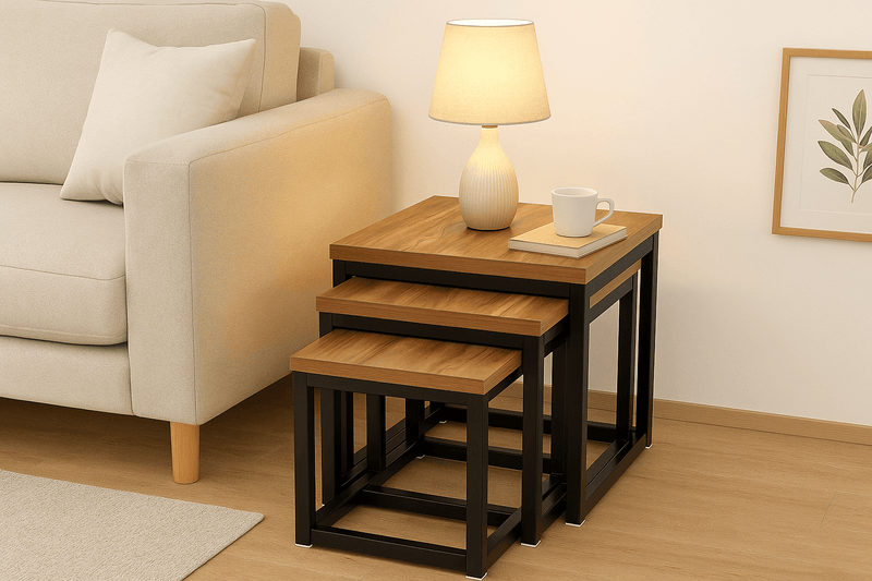 Solid wood walnut nest of 3 tables side table with lamp and cup in modern living room setting.