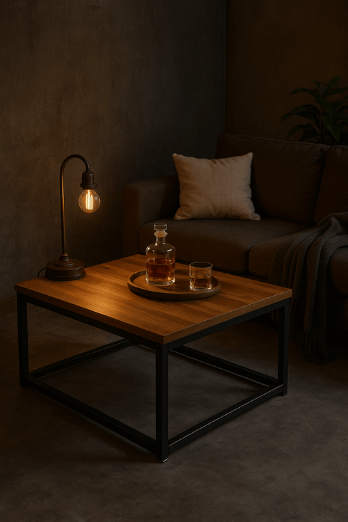Century style walnut coffee table black metal frame with drinks and lamp in a cozy living room setting.
