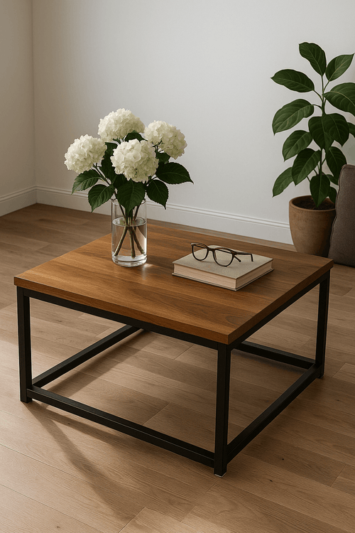 Walnut coffee table black metal frame with books and flowers in modern interior setting.