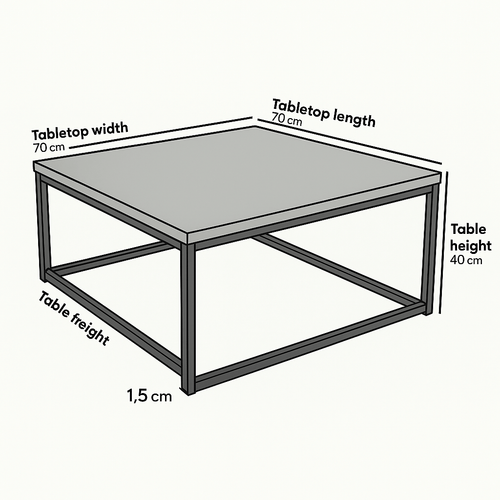 Dimensions of a walnut coffee table black metal frame showing width, length, height, and thickness.