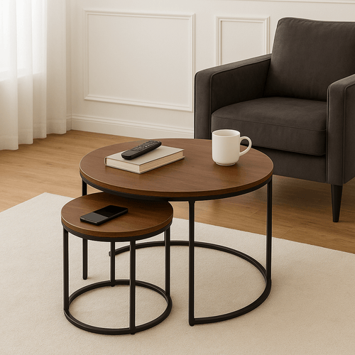 Round dark wood nest of coffee tables with black metal base set in a modern living room. Walnut wood coffee table set.
