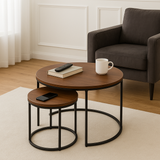 Round Dark Wood Nest of Coffee Tables with Black Metal Base Set (Set of 2)