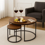Walnut Wood Coffee Table Set - Round Dark Nesting Tables