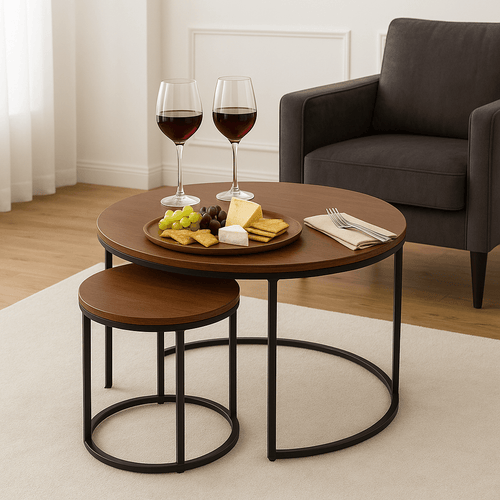 Round dark wood nest of coffee tables with black metal base set, featuring a walnut wood coffee table set with snacks and wine.