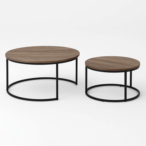Round dark wood nest of coffee tables with black metal base set of 2, walnut wood coffee table set.