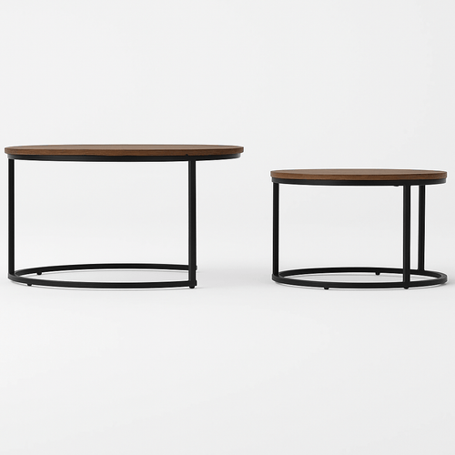 Round dark wood nest of coffee tables with black metal base set, walnut wood coffee table set, modern furniture design.
