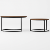 Round Dark Wood Nest of Coffee Tables with Black Metal Base Set (Set of 2)