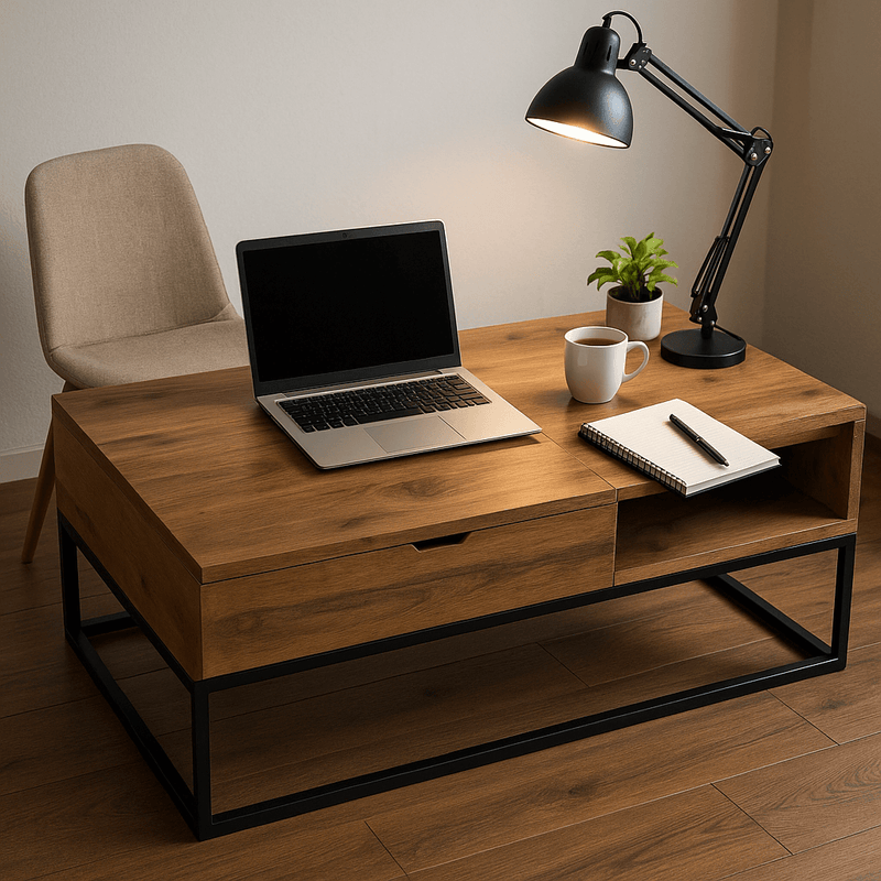 Wood and Metal Coffee Table with Storage – Handmade Modern Furniture in a stylish workspace setting.