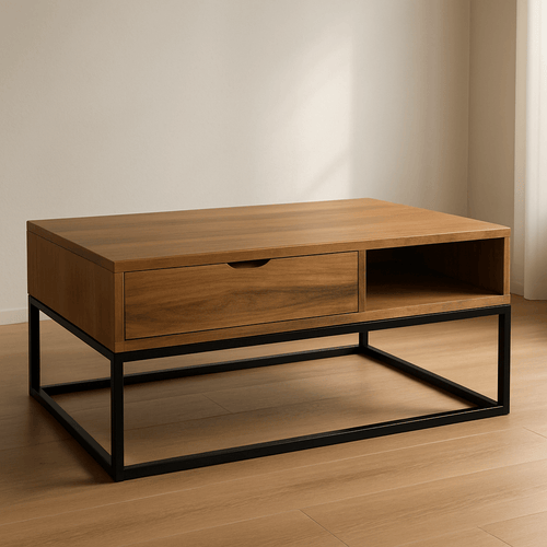 Wood and Metal Coffee Table with Storage – Handmade Modern Furniture, featuring a drawer and open shelf design.