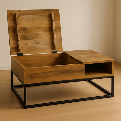 Wood and Metal Coffee Table with Storage – Handmade Modern Furniture, featuring a sleek design and ample storage.