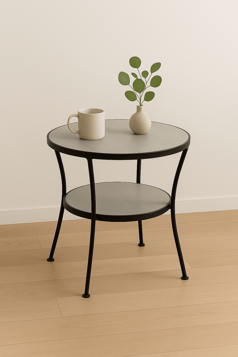 Round 2 tier Metal and Wooden Center Table with a plant and coffee cup on top, featuring a sleek design.