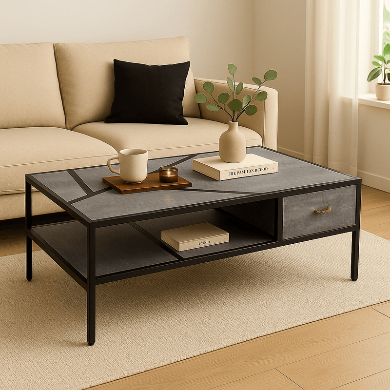 Vintage Metal and Wooden Center Table in a living room with plant, coffee cup, and decorative items.