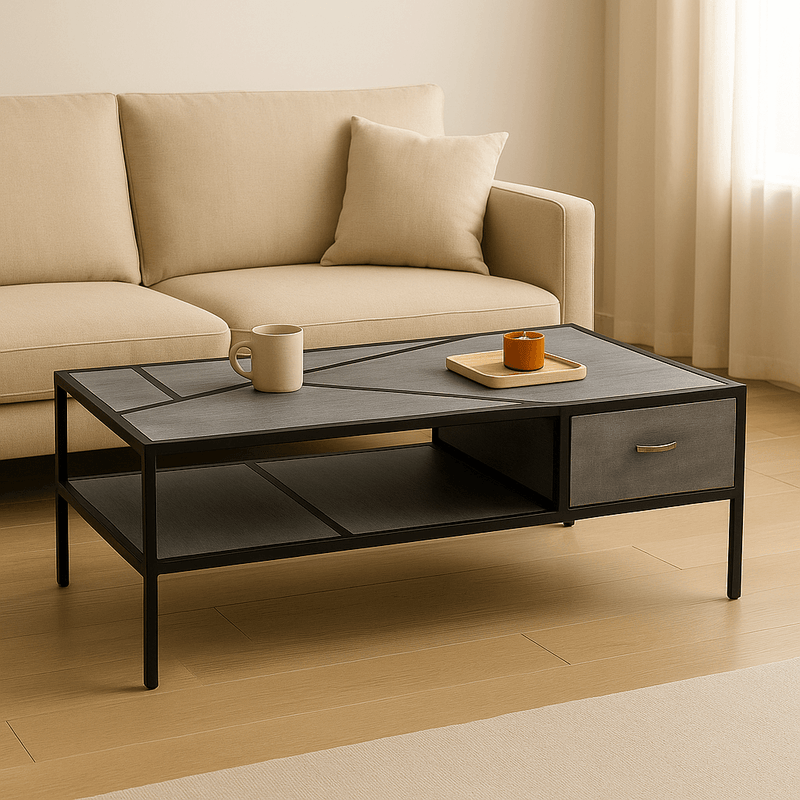 Vintage Metal and Wooden Center Table with a light black finish, featuring a drawer and a coffee cup on top.