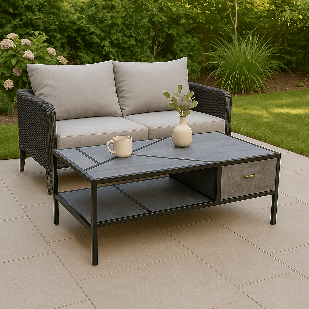 Vintage Metal and Wooden Center Table in garden setting next to outdoor sofa, featuring a plant and coffee cup.
