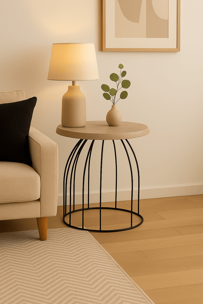 wood and metal half round bedside table