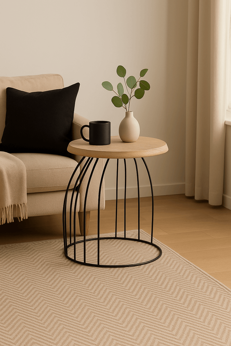wood and metal half round bedside table