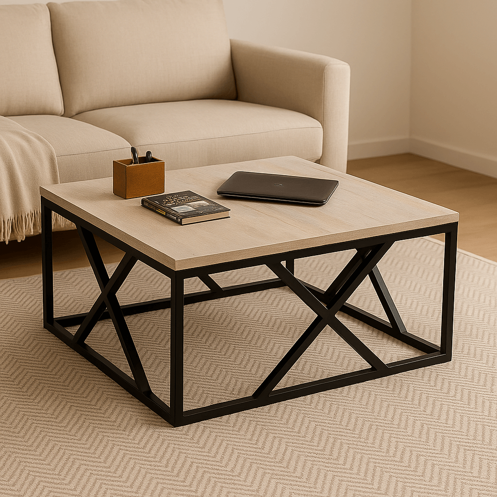Square Metal & Wood center Table with a black metal frame and light wood top in a modern living room setting.