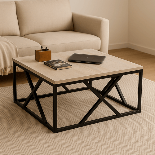 Square Metal & Wood center Table with a black metal frame and light wood top in a modern living room setting.