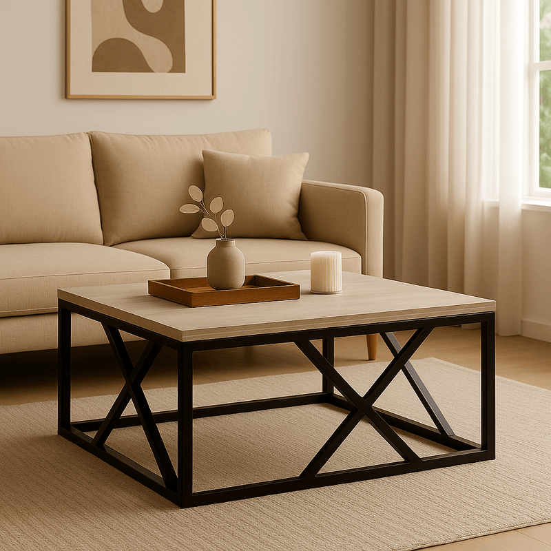 Square Metal & Wood center Table in a modern living room setting with a couch and decor.