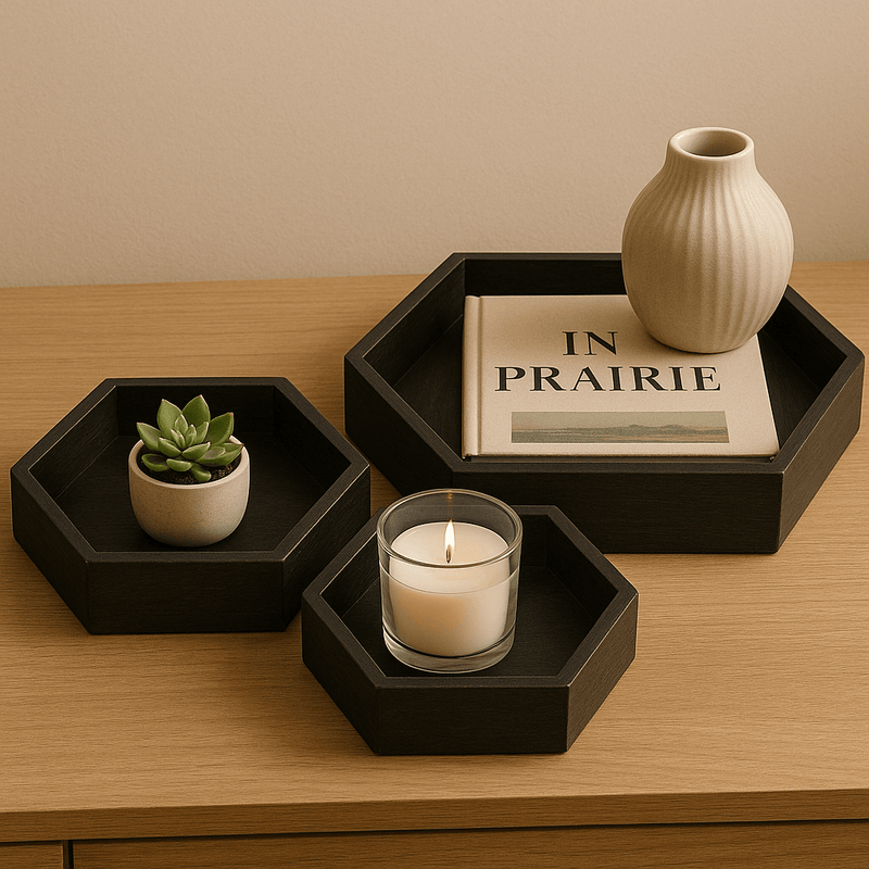 Hexagon wooden tray black set of 3