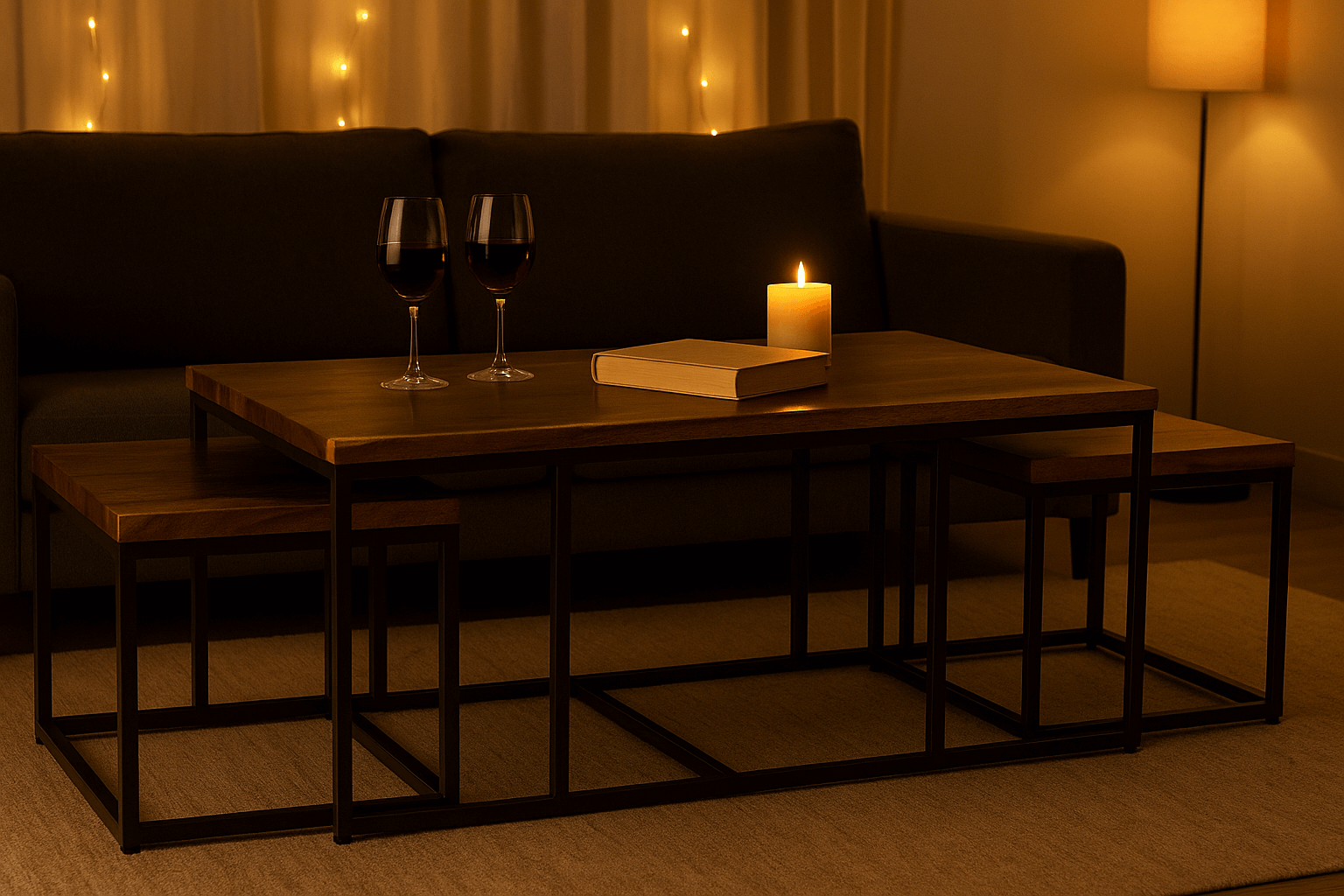 3-Piece Wood & Metal Coffee Table Set featuring a large table and two nesting tables with wine glasses and a candle.