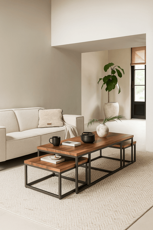 3-Piece Wood & Metal Coffee Table Set elegantly displayed in a chic living room with a sofa and decorative plants.