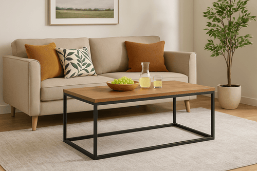 Living room with beige sofa, wooden coffee table, and decorative items.
