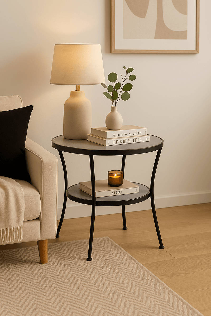 Round 2 tier Metal and Wooden Center Table with lamp and books in a cozy living room setting.