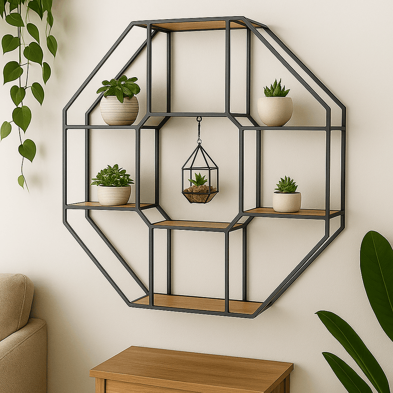 Octagonal Wooden & Metal Furnished Wall Shelf