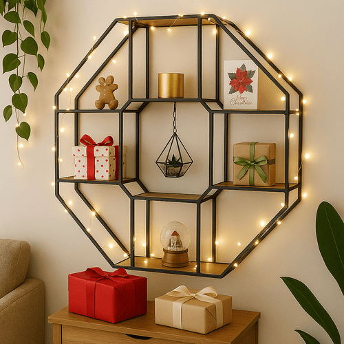 Octagonal Wooden & Metal Furnished Wall Shelf